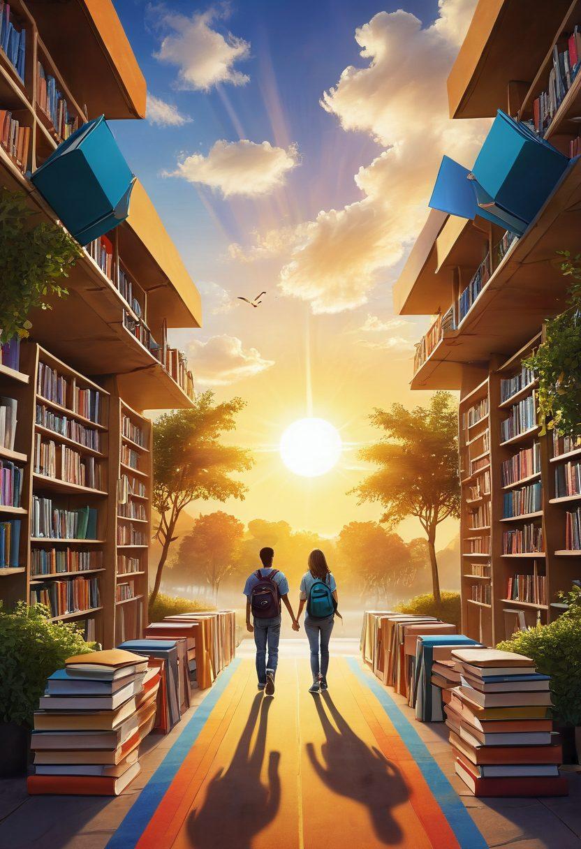 A vibrant, open pathway symbolizing a journey lined with various degree offerings such as books, computers, and diplomas, with students engaging in diverse activities like studying and collaborating. In the background, a glowing sun rises, representing hope and lifelong success. Include icons representing student services like counseling and resources. The scene should radiate positivity and empowerment. super-realistic. vibrant colors. white background.