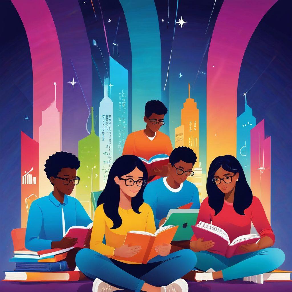 A vibrant illustration of a diverse group of students representing various educational paths: one reading from a stack of books, another on a laptop exploring online courses, and a third discussing funding options with a mentor. Bright light beams symbolize knowledge and growth, while a backdrop of a university campus and financial graphs illustrate the intersection of education and funding. This image conveys inspiration and opportunity. vector art. vibrant colors.