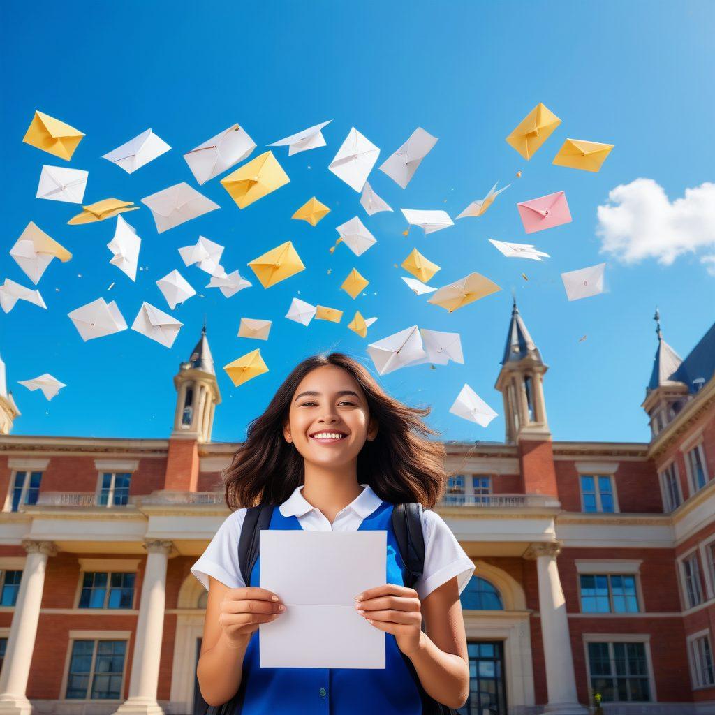A student joyfully holding a stack of scholarship award letters in front of a grand academic institution under a bright blue sky. The scene is bustling with diverse students discussing future opportunities. Books and laptops scattered around symbolize knowledge and technology. Vibrant colors highlighting the excitement of education and achievement. super-realistic. vibrant colors. sunny background.